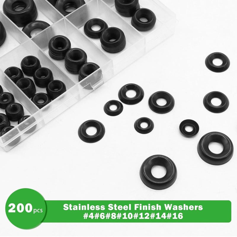 Seamaka 200 Pcs Black Finish Washers 7 Sizes 304 Stainless Steel Finishing Washers Countersunk Cup Assortment-#4#6#8#10#12#14#16 - Image 4